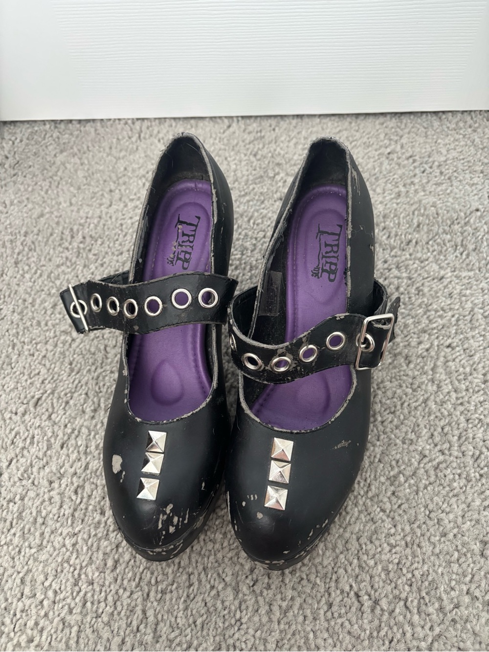 Tripp nyc Black Mary Jane Shoes with Purple Insole and Silver Studs